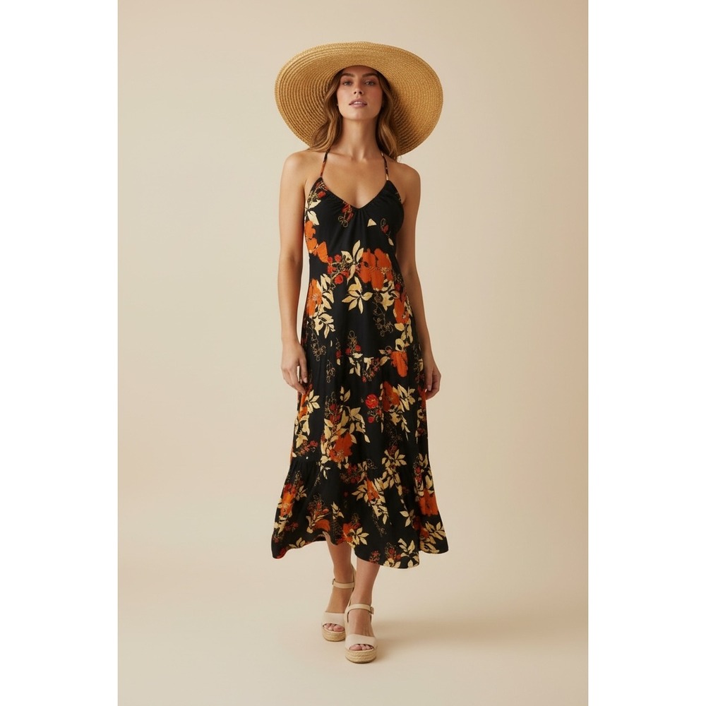 NEW H&M Floral Print Halter Maxi‎ Dress Size US 16 Black Orange Sleeveless